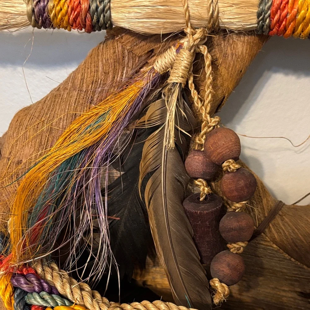 Native American palm frond leaf wall rope basket.